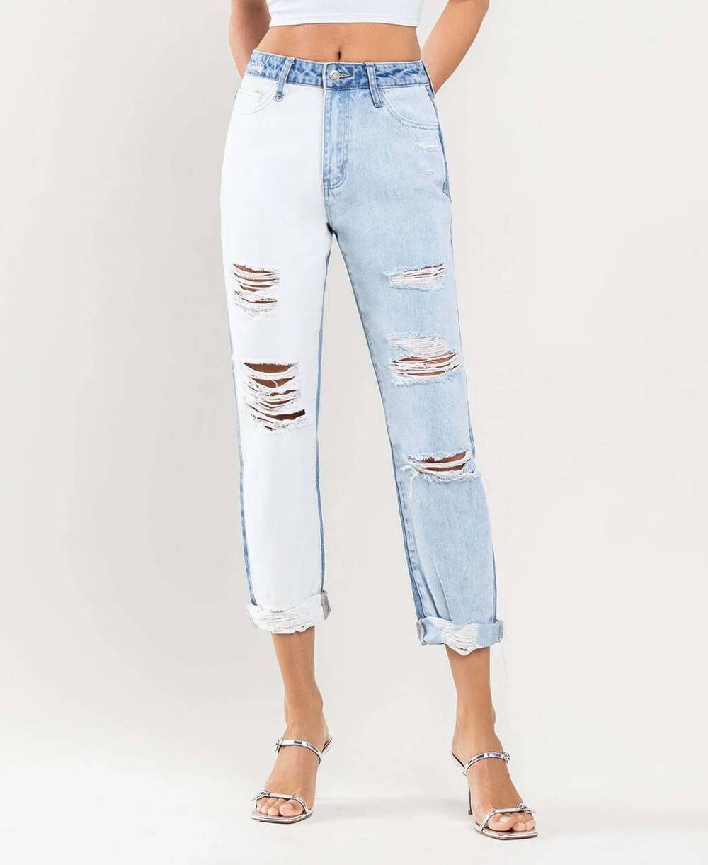 NEW VERVET BY FLYING MONKEY distressed colorblock mom jeans in blue